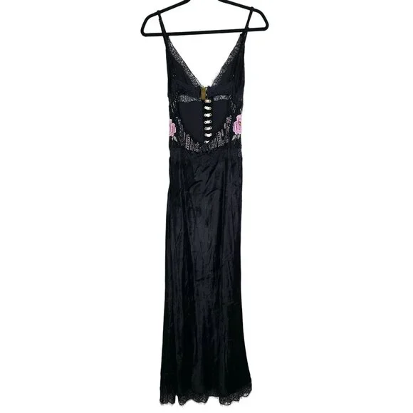 Fillyboo Kiss From A Rose Bias Maxi Dress Black Beaded Velvet Lace Size XS - Picture 7 of 10
